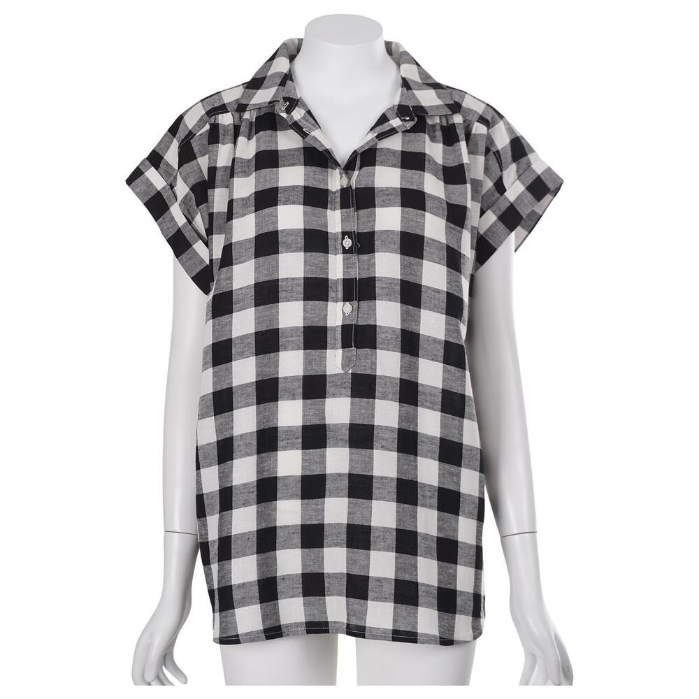 LOFT Top M Black White Gingham Check Cotton Linen Short Sleeve Popover Casual